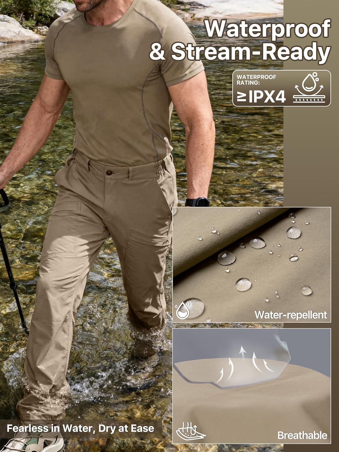 FREE SOLDIER Mens Hiking Pants Lightweight Work Cargo Stretch Nylon Waterproof Quick Dry Travel Fishing Outdoor Pants