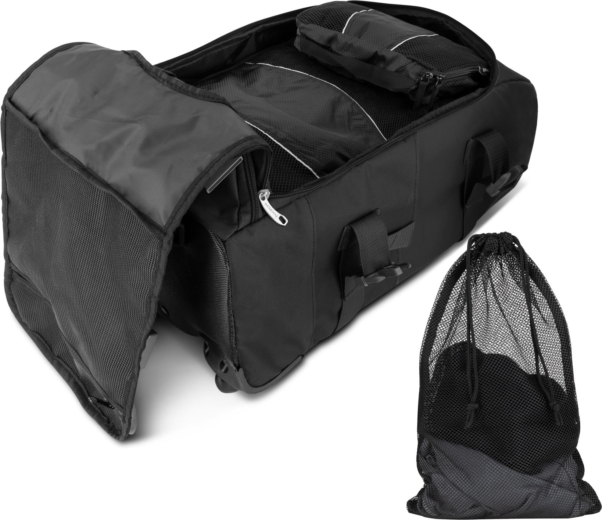 Reisetasche mit Rucksackfunktion - Reisetrolley und Rucksack in Einem mit 5 passenden Kleidertaschen Schwarz 60 Liter