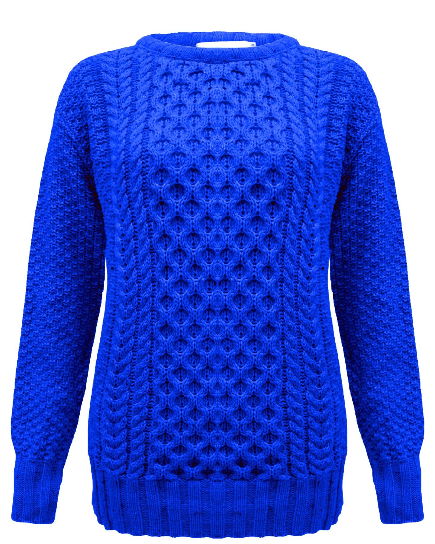 New Ladies Women Knitted Cable Knit Warm Chunky Sweater Formal Everyday Casual Long Sleeves Jumper Pullover Crew Neck Top[Royal Blue,SM]