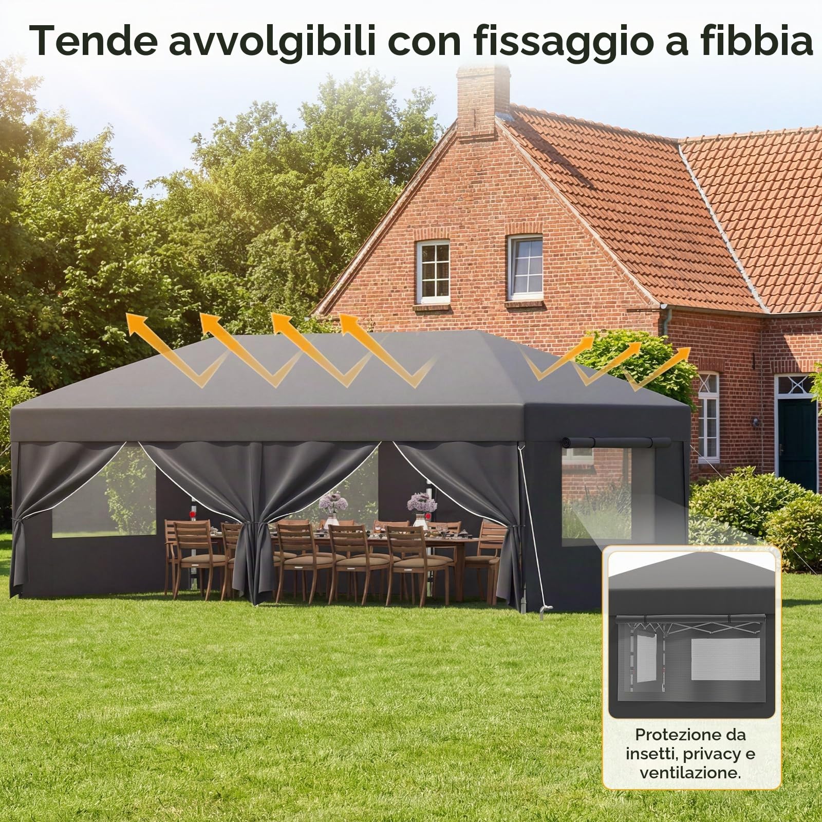 JUMMICO Gazebo 3x6 Pieghevole Impermeabile｜Zanzariera Arieggiata Anti-Insetti｜Robusto, Durevole, Impermeabile e Anti-UV｜Installazione e Rangement Rapidi｜Ideale per Cortile, Campeggio e Altro｜Grigio
