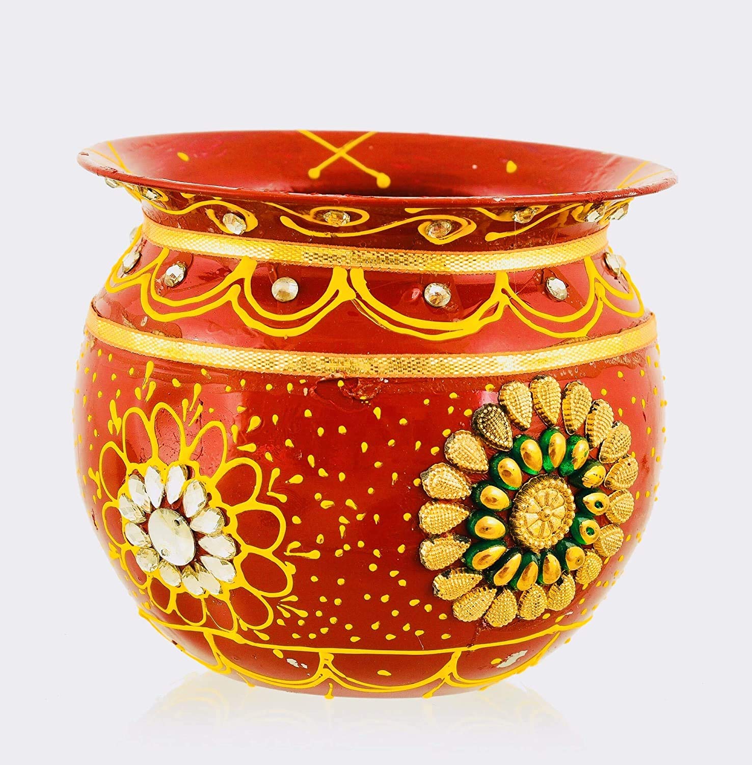 CLUZE Decorative Red & Golden Steel Karwachauth Thali Set - Karwachauth Puja Stainless Steel Thali Set - Channi, Lota, Diya, Bowls, Kalash & Kumkum Box for Festivals, Vrat & Rituals - Image 4 thumbnail