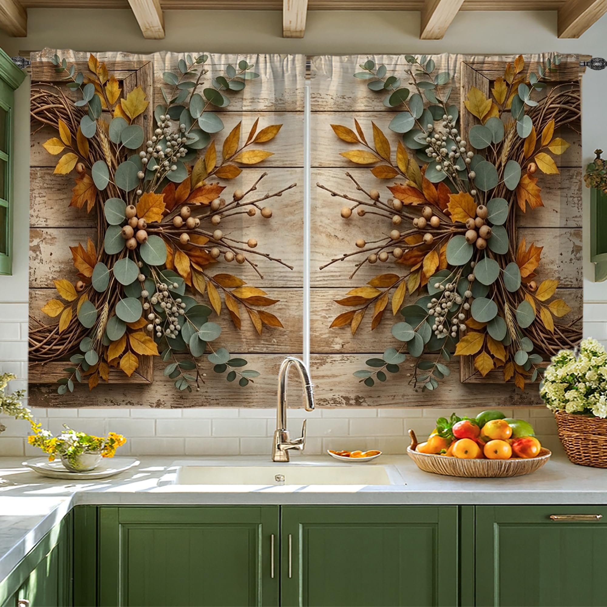 Rideaux de cuisine eucalyptus 106x114 cm rustiques pour fenêtre