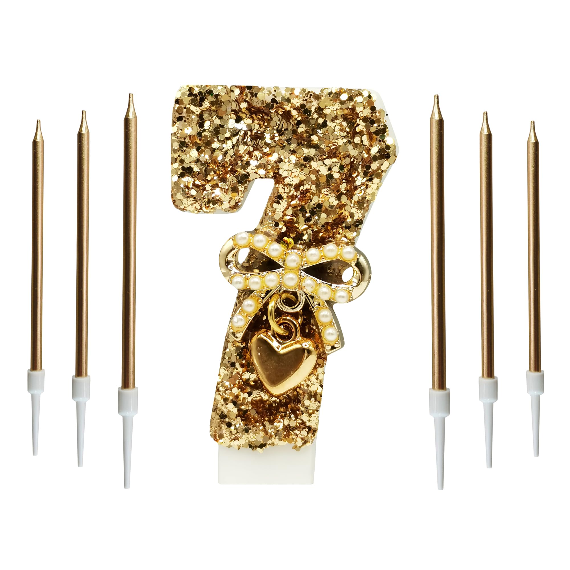 YOIOZAIZAI7PCS Birthday Number Candles Gold Bow Pearl Pendant Birthday Cake Candles Glitter Sequins Number 7 Candle for Cake Decoration Women Girls Birthday Anniversary Commemorative Party Supplies 7
