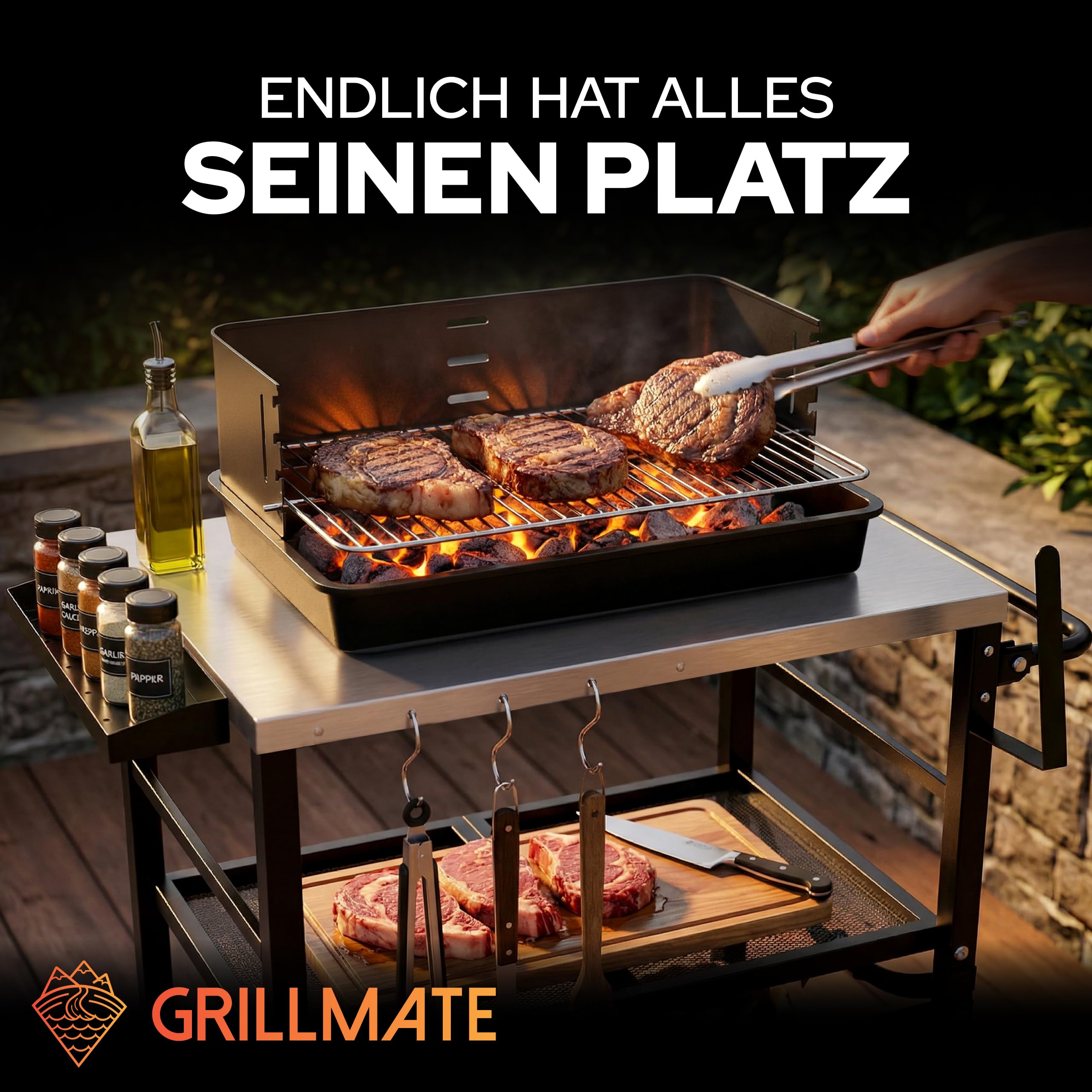GRILLMATE Grilltisch Outdoor Wetterfest Klappbar | Grillwagen, Servierwagen, Tisch für Weber Grill, Gasgrill, Pizzaofen | Beistelltisch für Balkon Rostresistent, Portabel | JETZT NEU (Edelstahl)