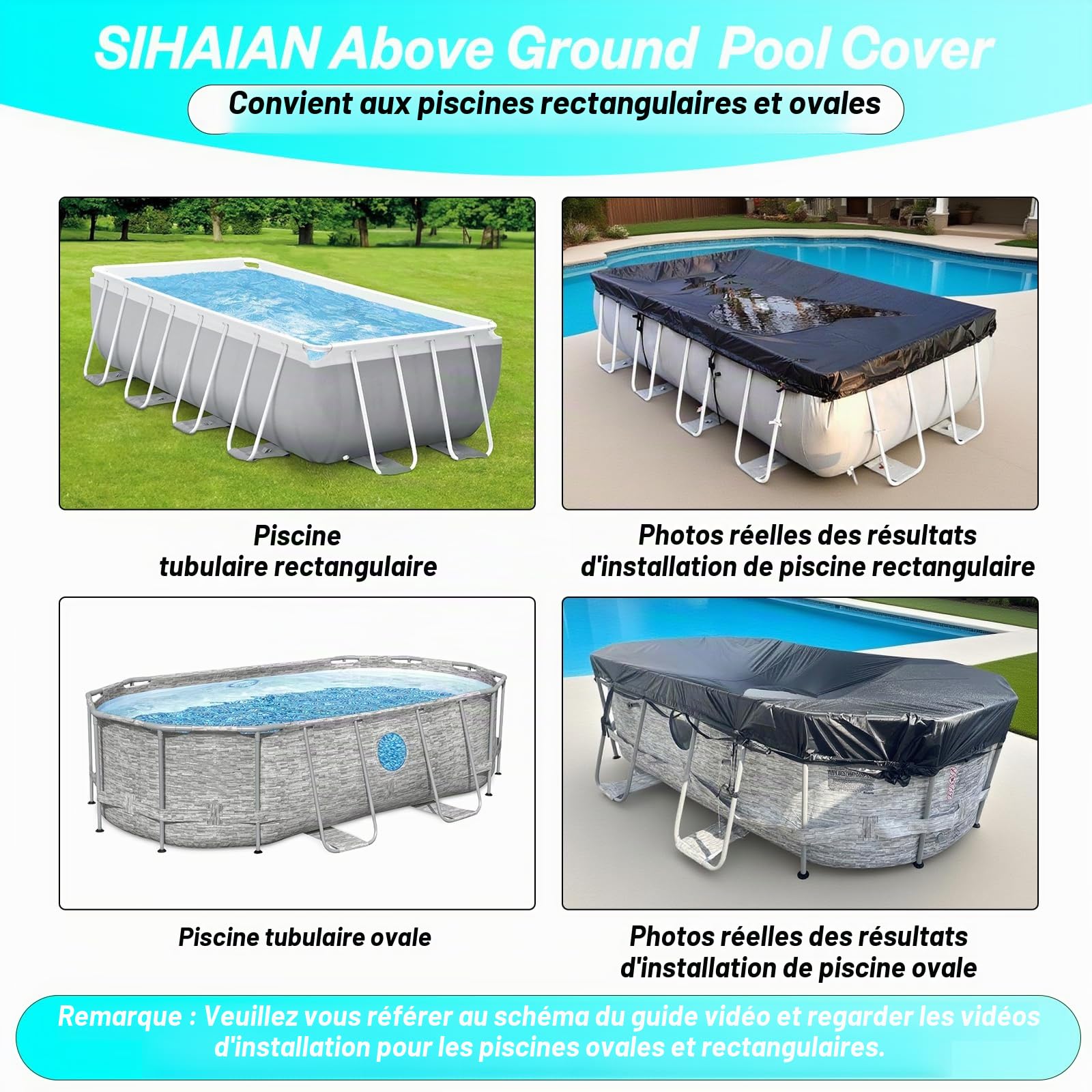 SIHAIAN Bâche de Piscine rectangulaire de 2,7 x 5,5 m avec Rangement latéral pour Piscine Hors Sol Ovale et rectangulaire, Couverture Solaire Ovale Monobloc, empêche l'engorgement, résistante aux UV