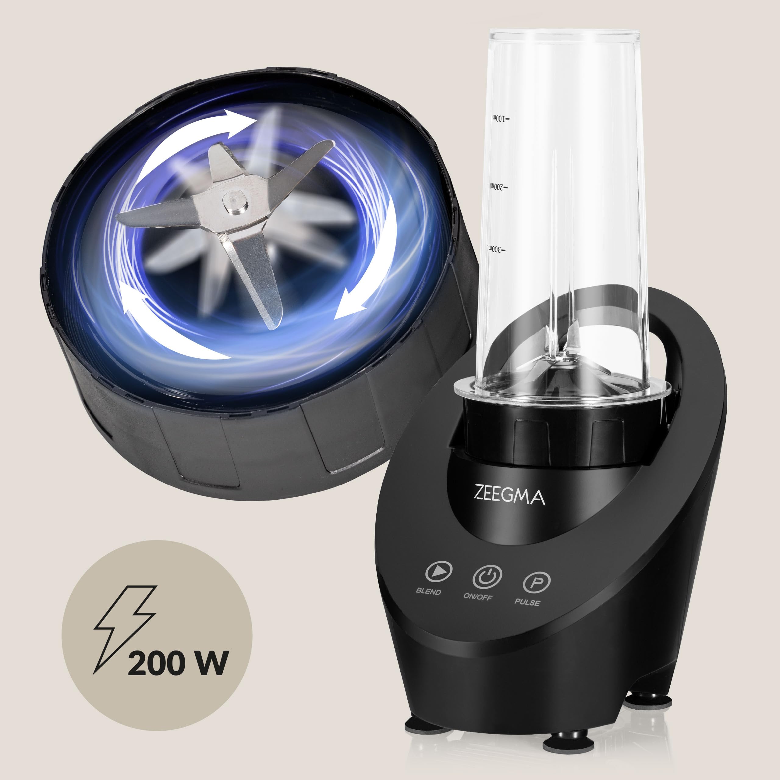 ZEEGMA VITAMINE FERRO Elektryczny Blender do Koktajli i Smoothie 200W Osobisty Mikser, Mini Blender 2 Wymienne Butelki 300 ml, 2 Prędkości, Kruszenie Lodu, Orzechów