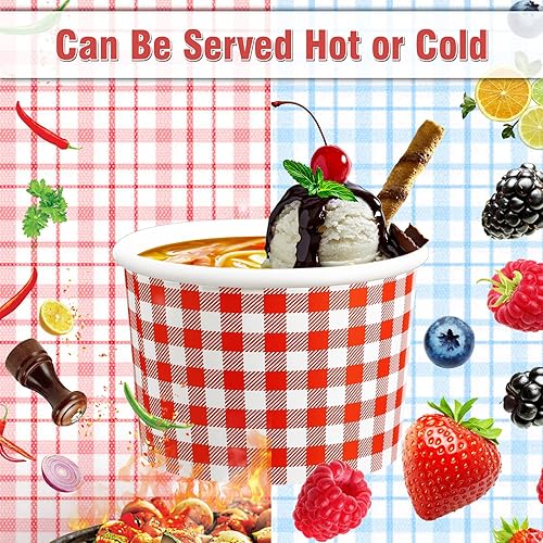 Miniatura 3 de Tessco Paquete de 100 vasos de helado de 12 onzas, tazones de papel desechables para postres para sopa caliente con 100 cucharas a cuadros para