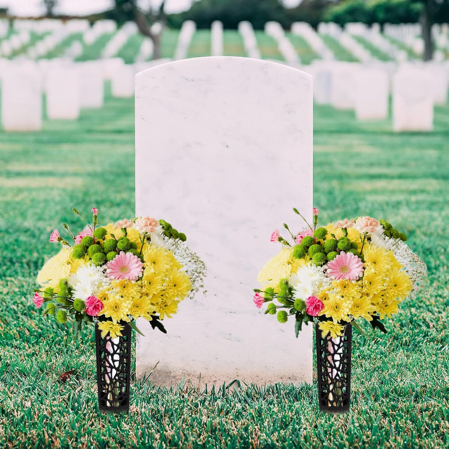 2 Pack Cemetery Vases,Cemetery Decorations for Grave Black Plastic Cemetery Headstones Vases with Spikes Human Grave Markers Flower Holder with Drainage Hole Long Spikes Outdoor Floral Memorials
