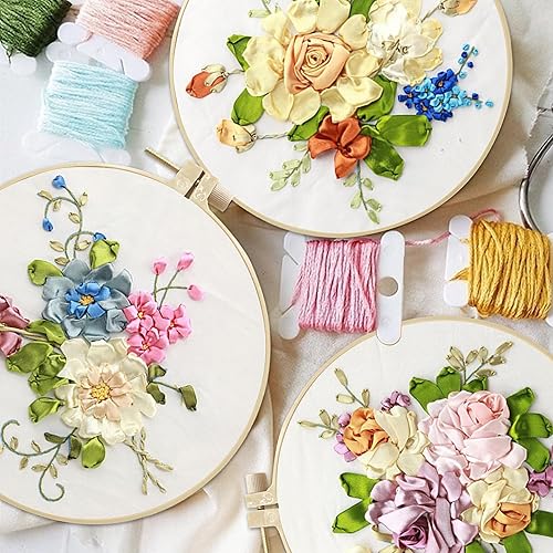 Miniatura 4 de Maydear Paquete de 3 kits de iniciación de bordado con patrón, kits de punto de cruz estampado para adultos principiantes con aro de bordado e