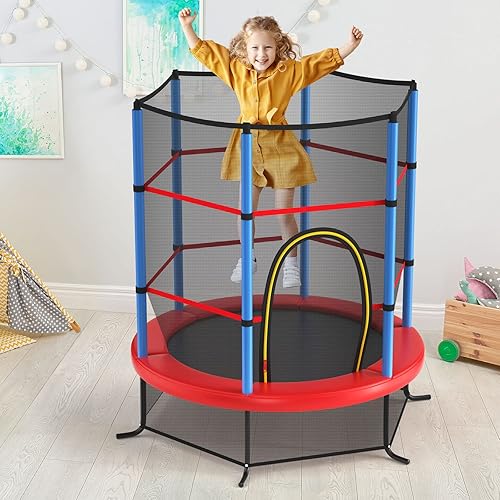 Miniatura 8 de GYMAX Trampolín de 55 pulgadas para niños, trampolín aprobado por ASTM con red de seguridad completa y cremallera lateral doble, mini trampolín de