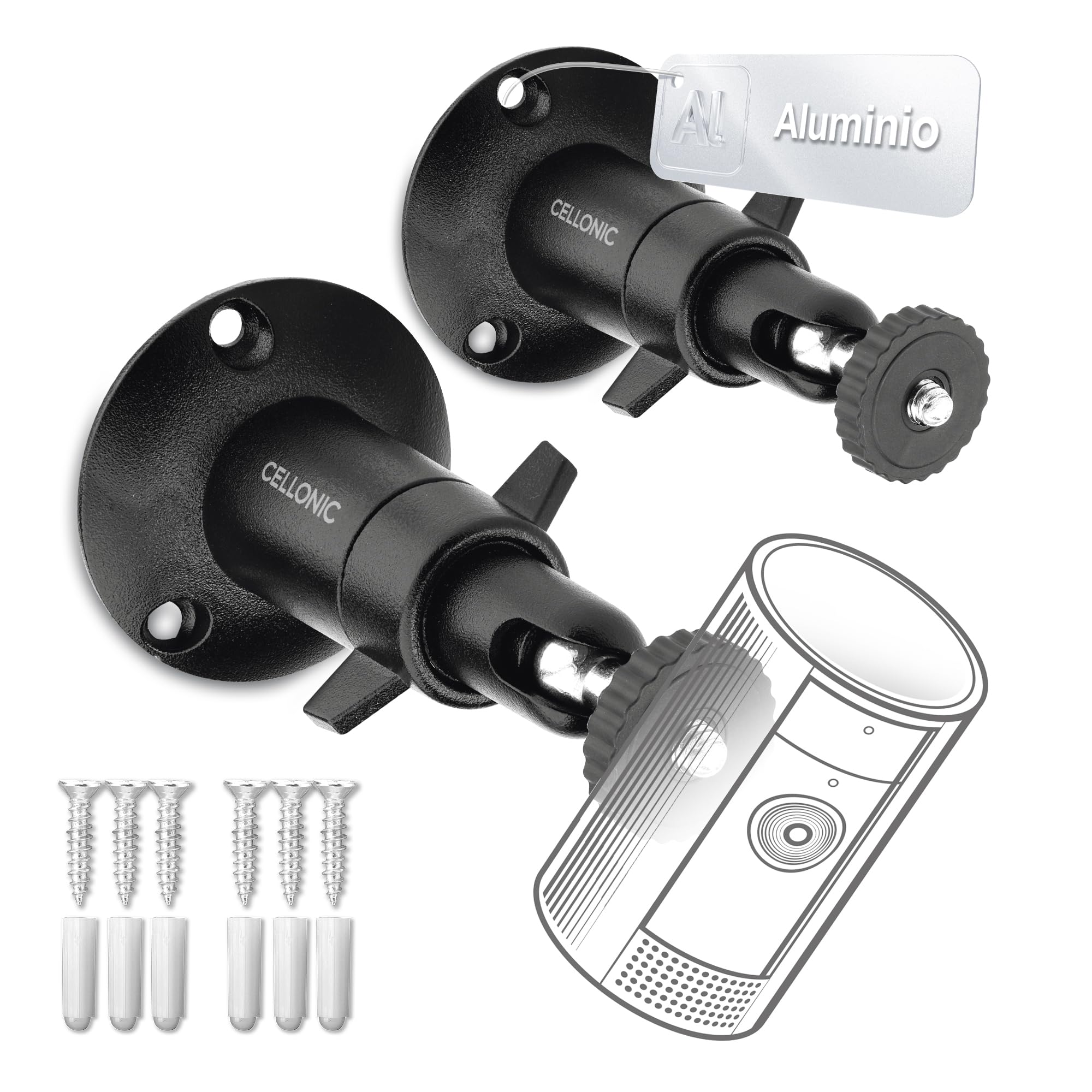 CELLONIC 2xSoporte de pared para cámara compatible con Arlo, compatible con Eufy, compatible con Wyze, Rinng Stick Up Cam & Pro Soporte giratorio de aluminio con rosca de 1/4"uso interior y exterior