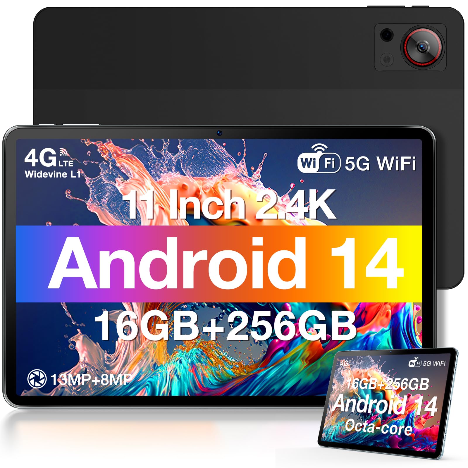 DOOGEET30S 11 Inch Tablet Android 14, 2.4K Android Tablet with 16GB RAM 256GB ROM, Octa-Core Gaming Tablets with 8580mAh Large Battery, 13MP+8MP, BT5.0, 5G WiFi, 4G Cellular, Black