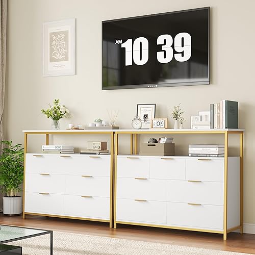 Miniatura 6 de Cómoda moderna de 7 cajones, cómoda blanca con asas de metal, cómoda blanca y dorada, cómoda alta, organizador de almacenamiento de gran capacidad