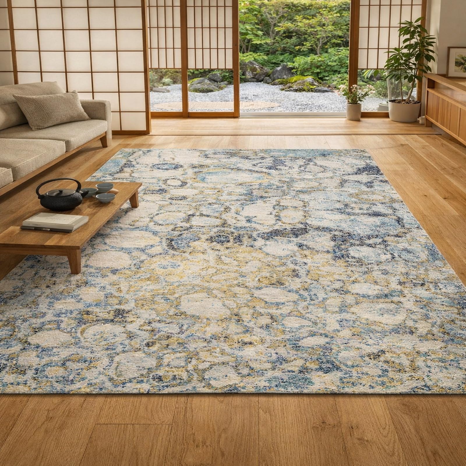 Tapis salon 160 x 230 cm abstrait moderne bleu gris pour décoration de chambre adulte ou cuisine