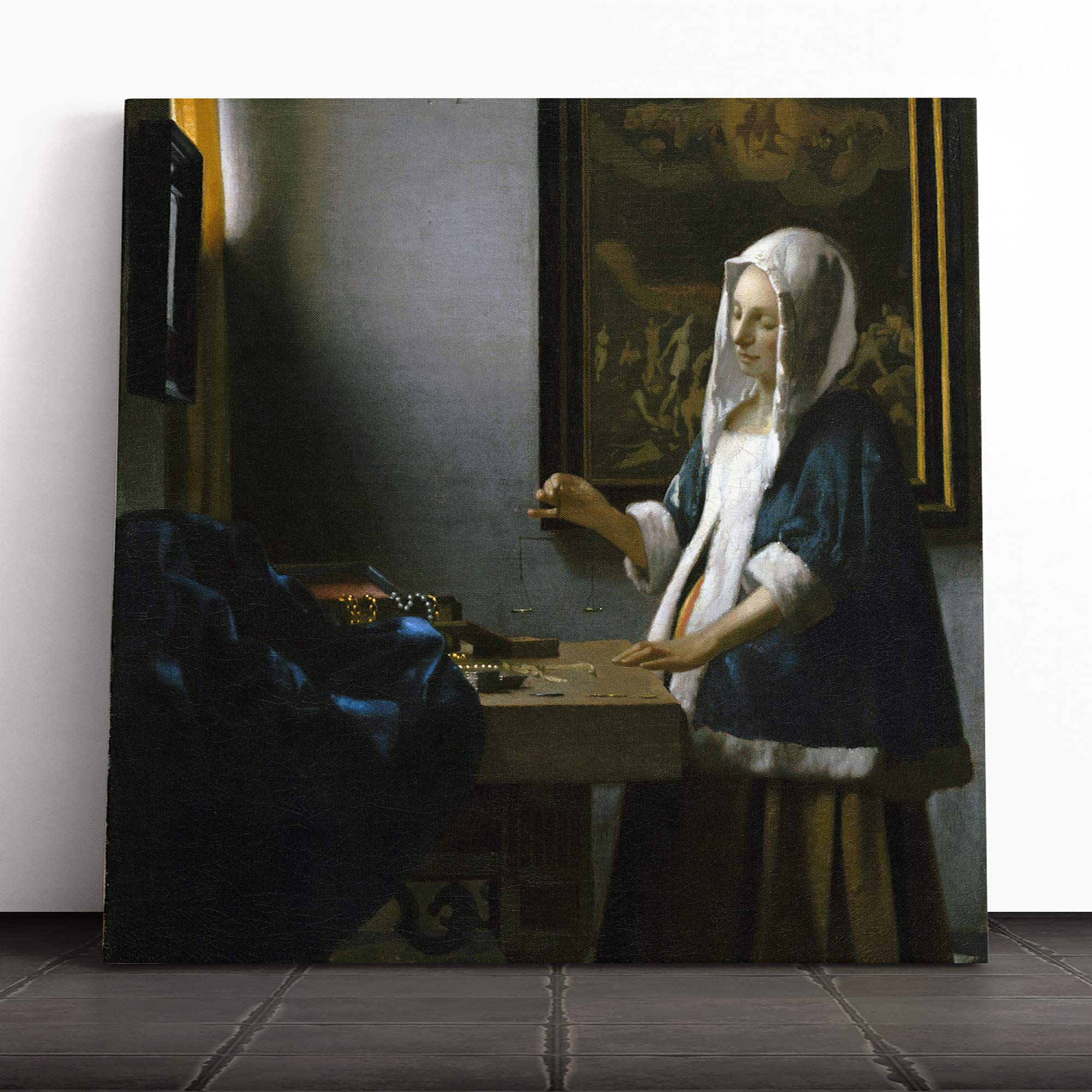 Big Box Art Canvas Print Wall Art Johannes Vermeer Woman Holding a Balance | Mounted & Stretched Box Frame Picture | Home Decor for Kitchen, Living Room, Bedroom, Hallway, Muli-Colour, 14x14 Inch