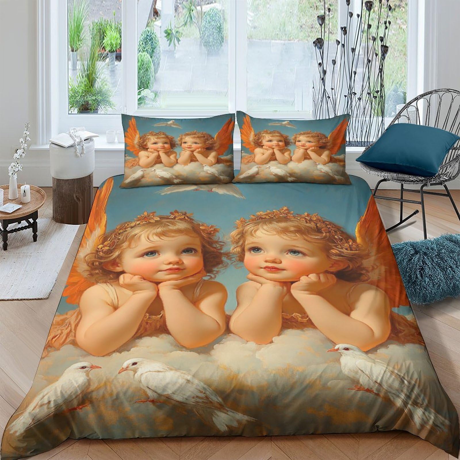 Ctjqhvkz Style-9 3D Printed Cherub Angel Fitted Sheet Microfiber Soft Orange Blue Bed Cover Bedroom Guest Room Mattress Decor Single（135X200cm）