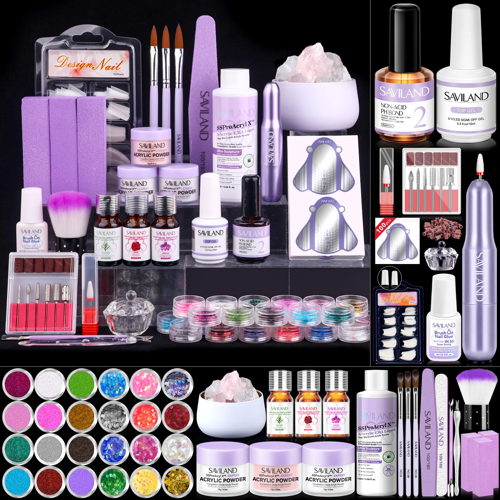 SAVILAND Professional Acrylic Nail Kit: Nail Kit Set with 4OZ Large Capacity Monomer Nail Drill 30 Days Wear Nail Extension Manicure Christmas Gift