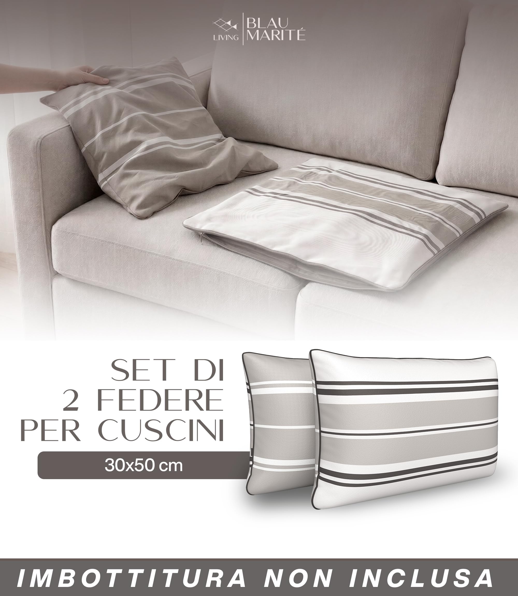 Set 2 Federe Cuscini da Esterno 30x50 cm – Impermeabili, Antimacchia, Resistenti ai Raggi UV – Morbide e Lavabili – Copricuscini Decorativi per Giardino, Balcone, Terrazza – Grigio