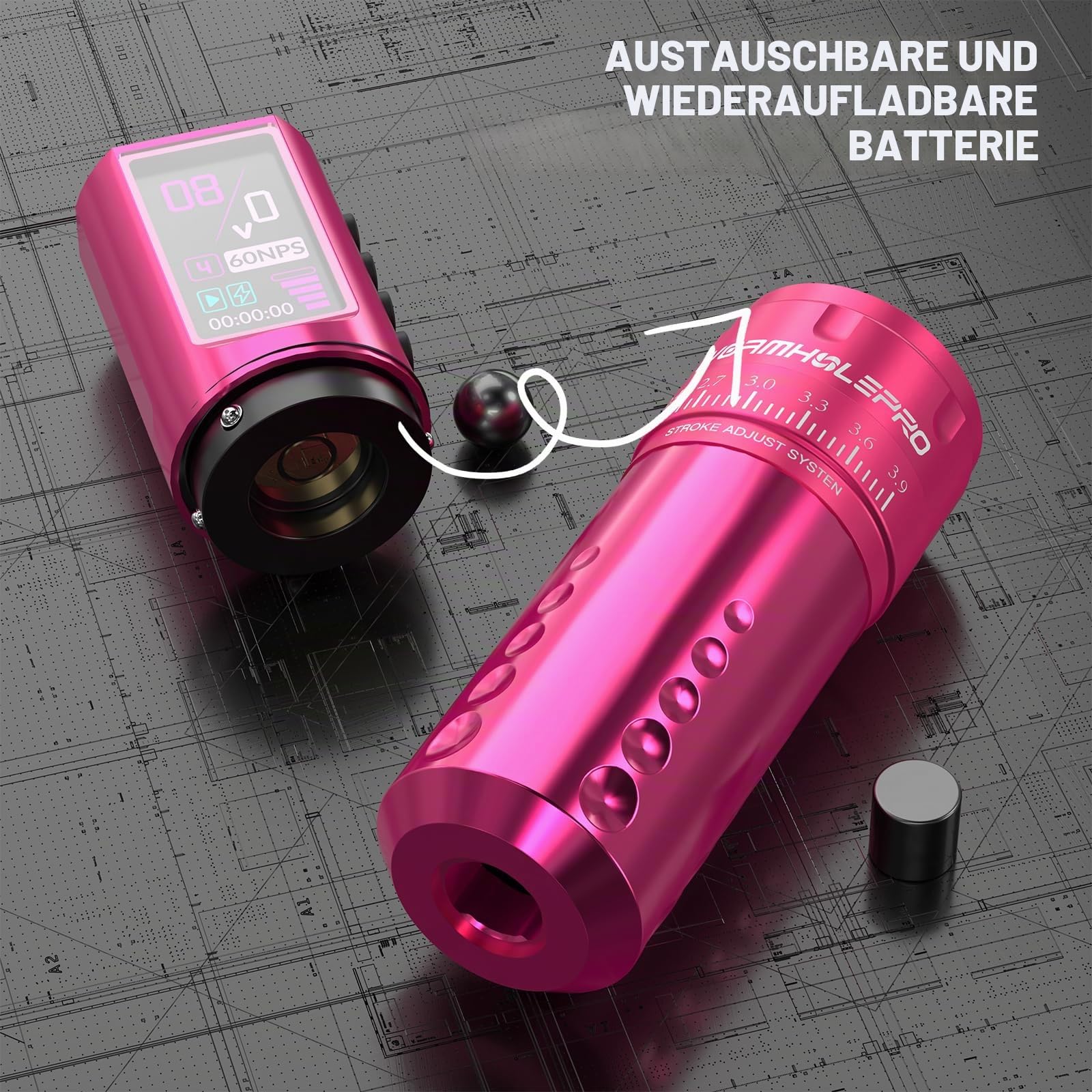 WORMHOLE PRO 80PCS Tattoo Gun Kit mit 7 einstellbaren Strichen, 1800mAh Kapazität Ersatz Netzteil, Digital LED Display, 20Pcs Tattoo Nadeln für Tattoo-Künstler - Rosa