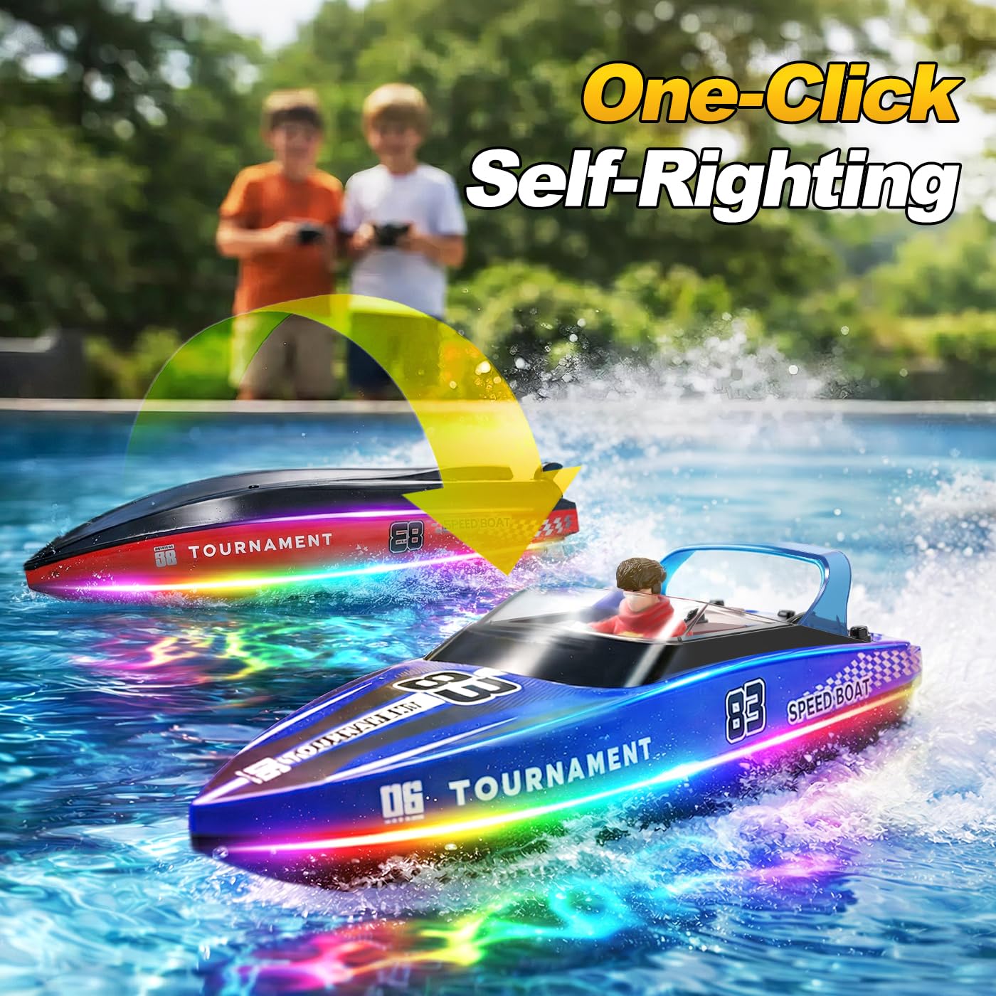 YESHIN Ferngesteuertes Boot 2er Pack, 15km/h RC Boot mit LED Licht, 4 Batterien, 2,4 GHz Fernsteuerung, Wasserdicht & Kentersicher, Geeignet für Pool & Seen, Geschenk für Kinder 8+ & Erwachsene