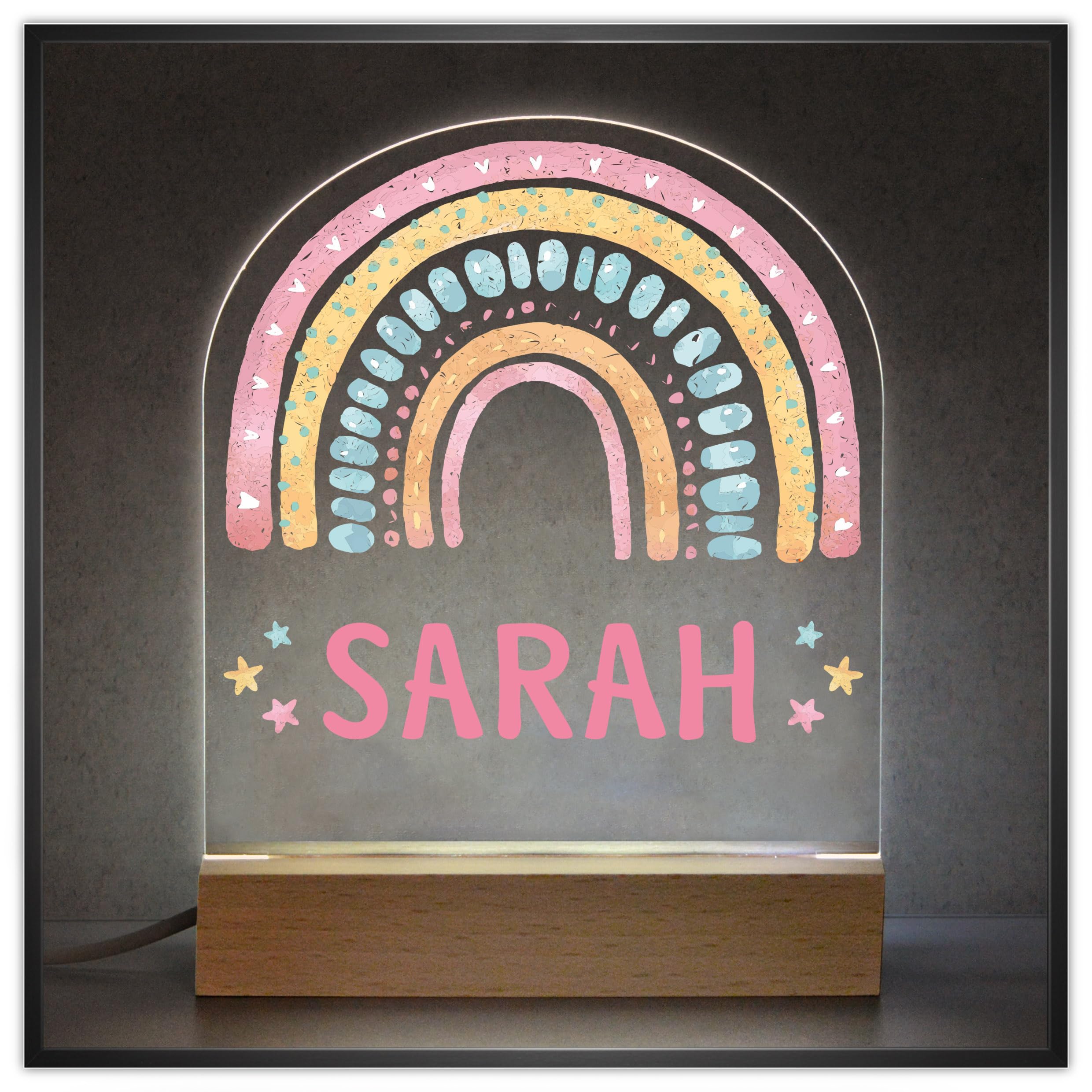 Beecreative Rainbow Bedroom Night Light with Childs Name, Girls Bedroom Light, Personalised LED Night Light, Pink Rainbow Nursery Decor, Girls Sleep Light Lamp