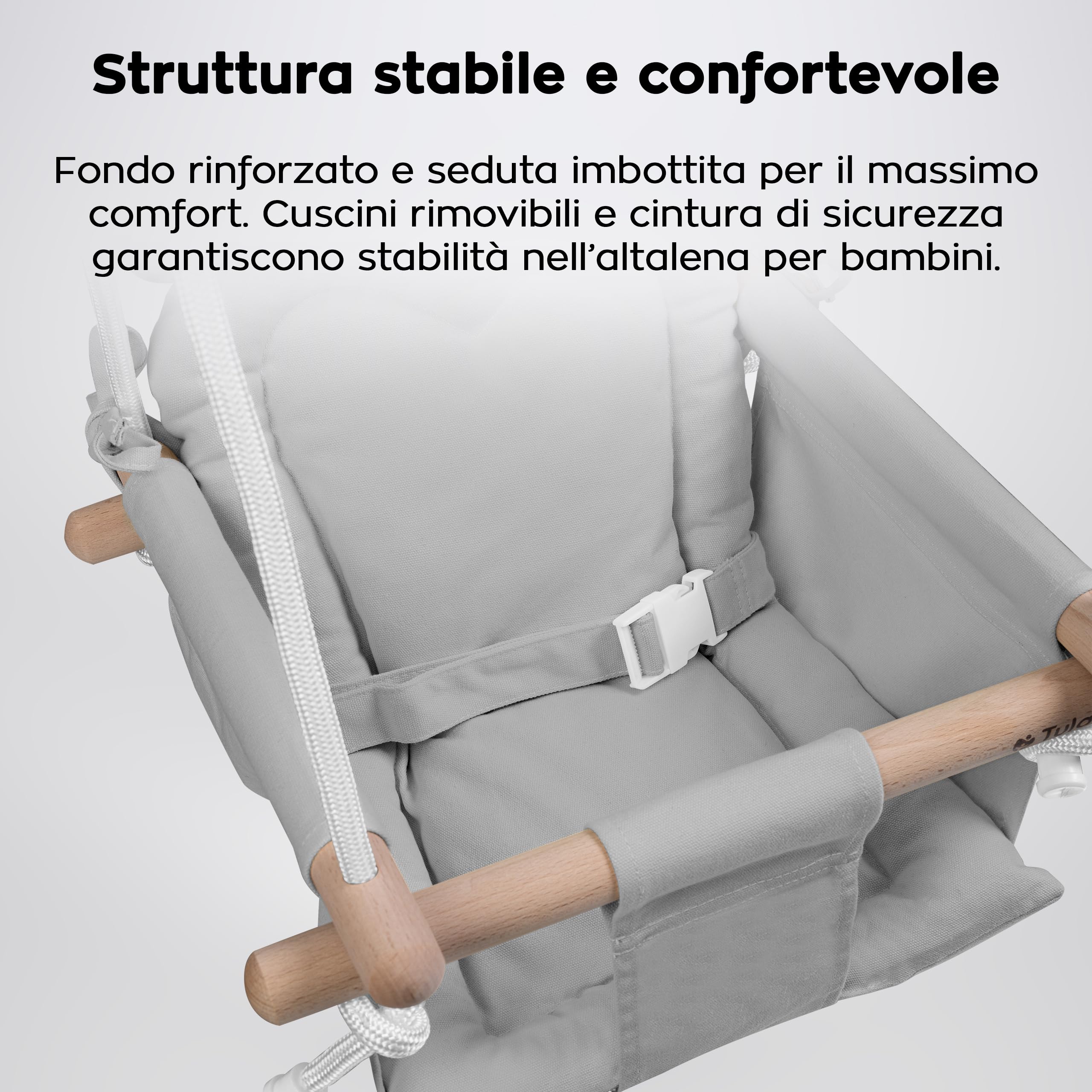 Tulano Hop 30 Altalena per bambini 6-36 mesi - Per interno ed esterno - Con cintura di sicurezza e cuscino - In legno e cotone - Facile da installare - Resistente fino a 36 kg – Grigio