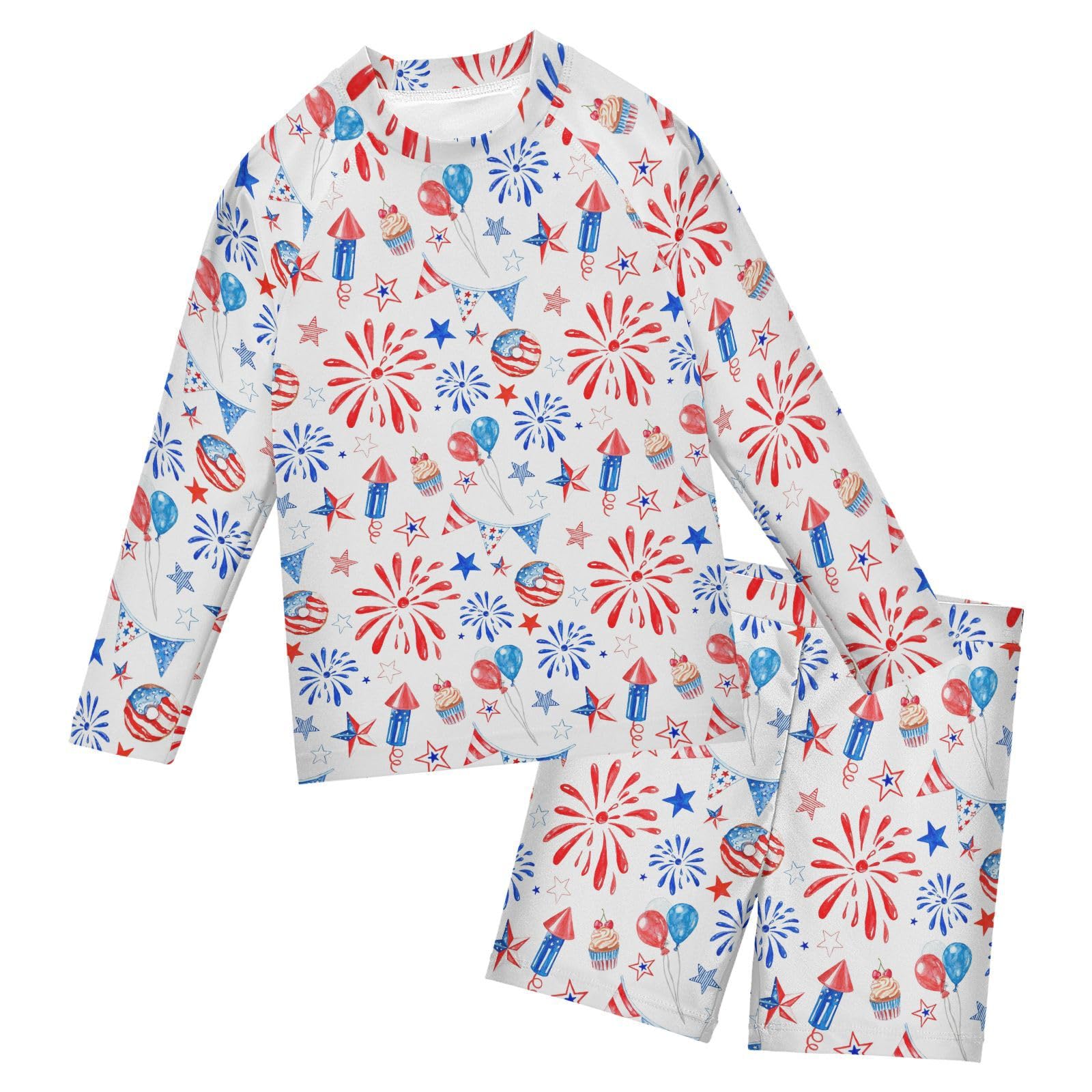 Aflyko Patriot Boys Girls Rash Guard Set Watercolor Donut Cupcake Balloon Stars Swim Outfit Pollover Bathing Suit Fishing Sun Shirt Quick Dry Kids Swimming Surfing Shorts, 9-10T