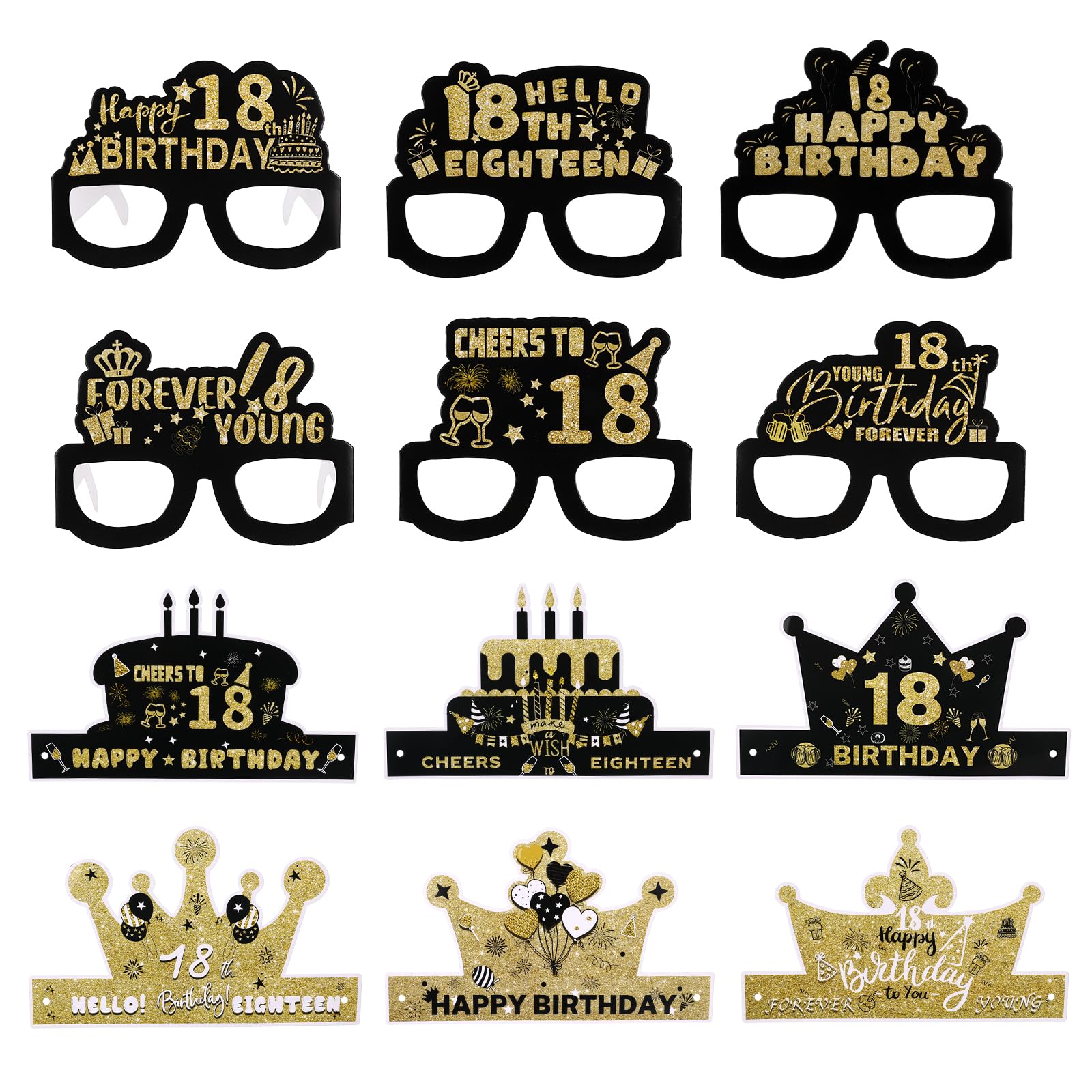 Jeoyiqau Women's 18 12Pcs Th Birthday Glasses Hats, Birthday Paper Glasses Decoration, Funny Photo Booth Props Birthday Party Decorations For Men Memorable Celebrations