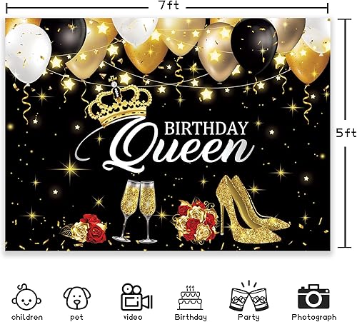 Miniatura 4 de Cartel de fondo de cumpleaños negro y dorado, fondo de fondo de cumpleaños de reina para mujer, fotografía de cumpleaños de mujer para decoraciones