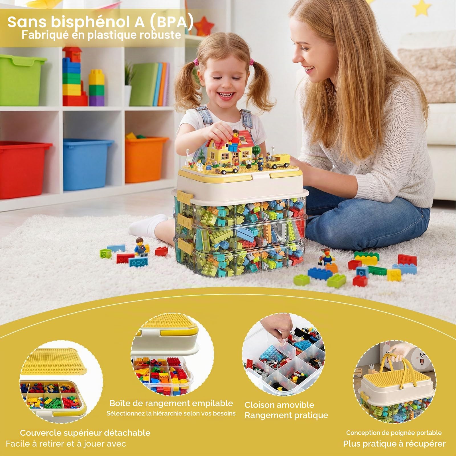 Boite Rangement pour Lego Briques, Empilable Boite de Rangement avec Couvercle pour Lego Briques pour Chambres d'enfants, Maison et Voyages