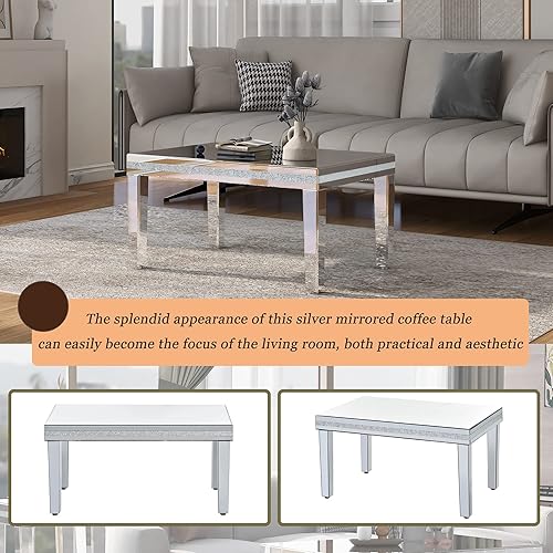 Miniatura 3 de Mesa de café contemporánea con espejo de vidrio de 35 pulgadas, mesa de cóctel de fácil montaje con diseño de cristal y patas de altura ajustable,