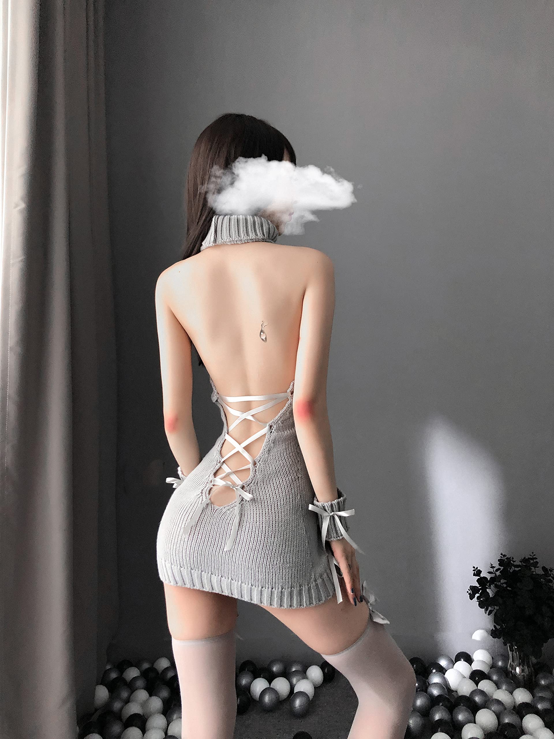SINMIUANIME Women's Cosplay Lingerie Turtleneck Sleeveless Knitted Bandage Anime One-piece Sweater Vest Top, Gray, One Size - Image 2