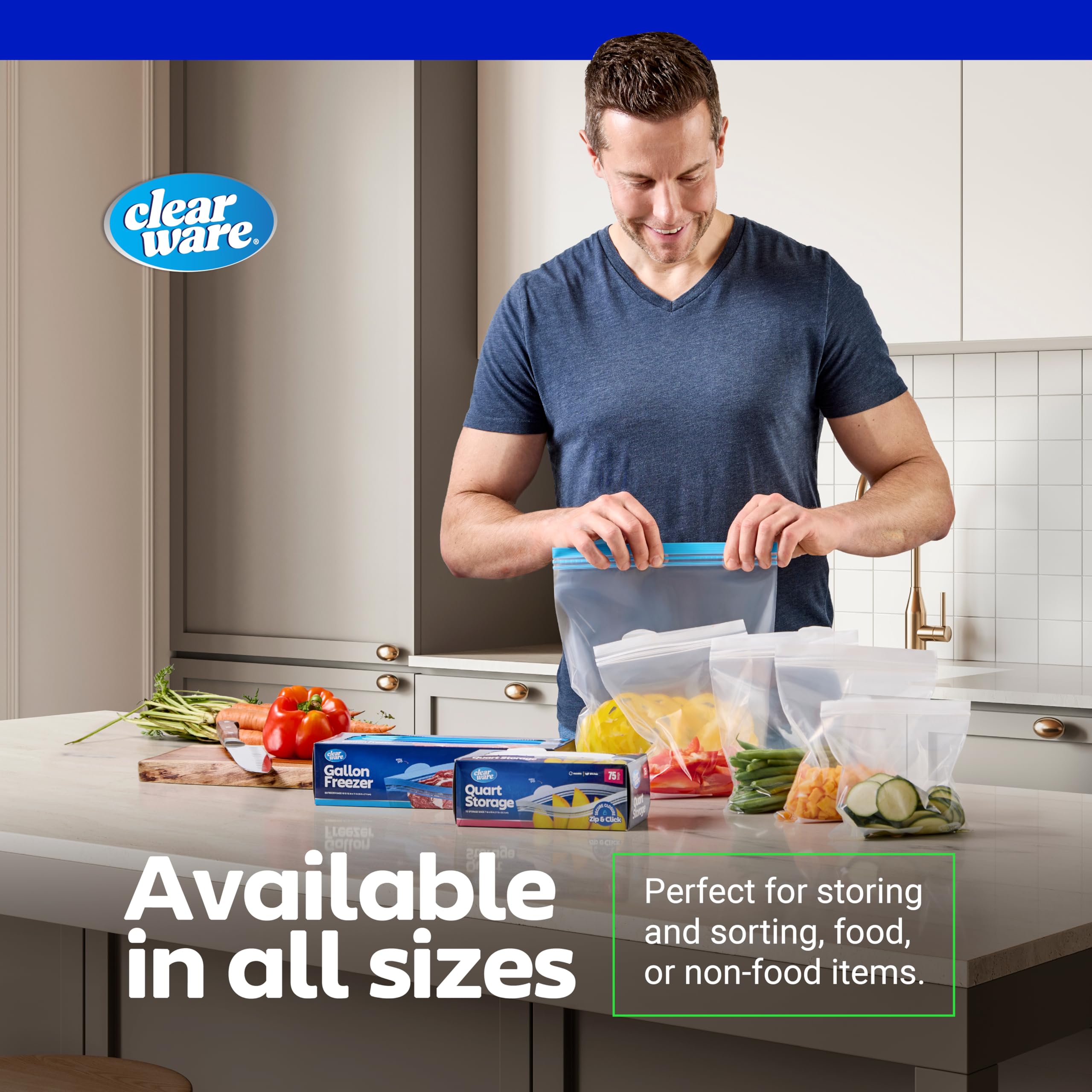Clearware Aufbewahrungsbeutel aus Kunststoff, wiederverwendbar, dick, mikrowellengeeignet, kein BPA, wiederverschließbare Behälter mit doppeltem Reißverschluss für Mittagessen, Snacks, Mahlzeiten, 2