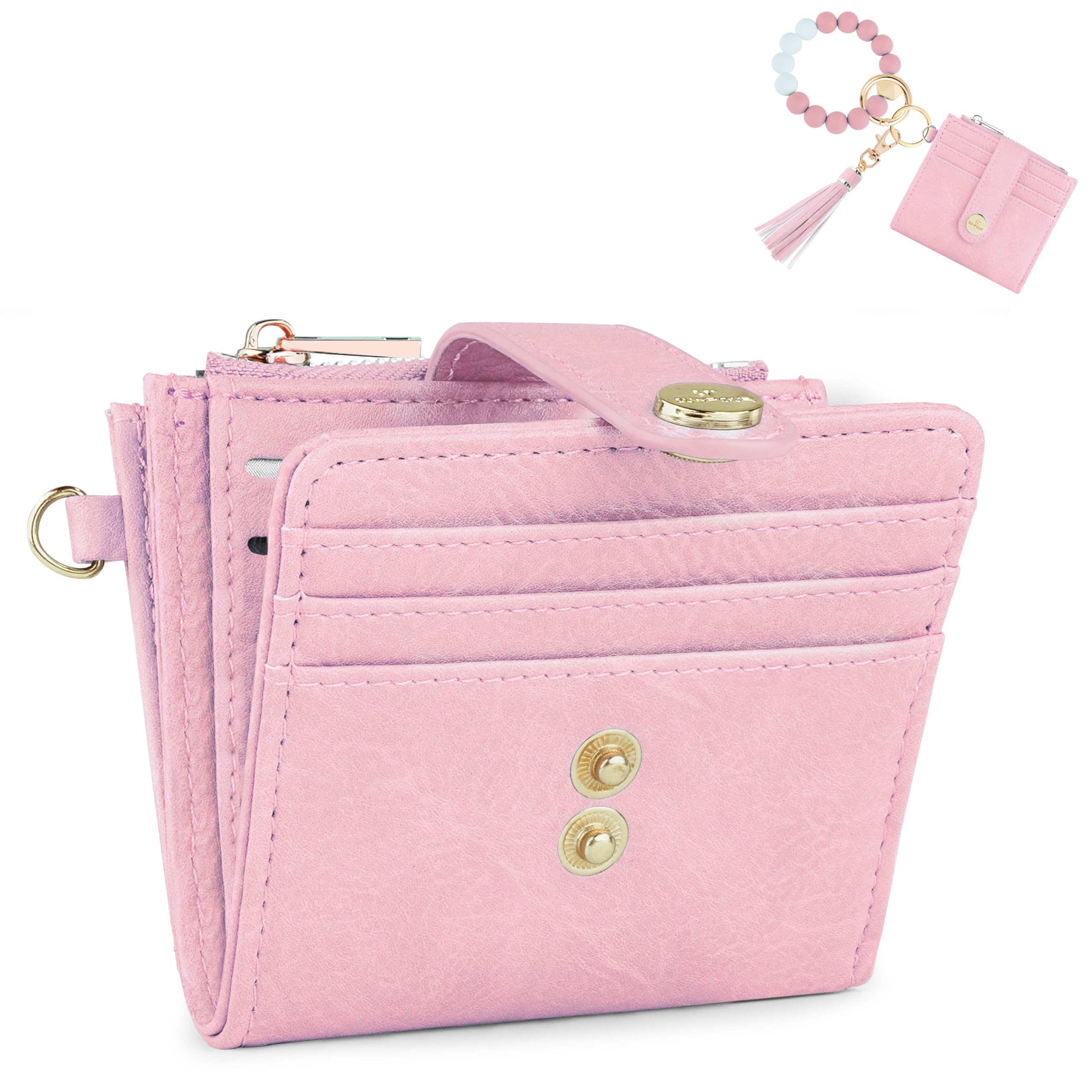 Sunpour Small Wristlet Wallets for Women Keychain Wristlet Wallet RFID Blocking Key Chain Wallet With Zipper Coin Pocket,2 Id Window(Pink)