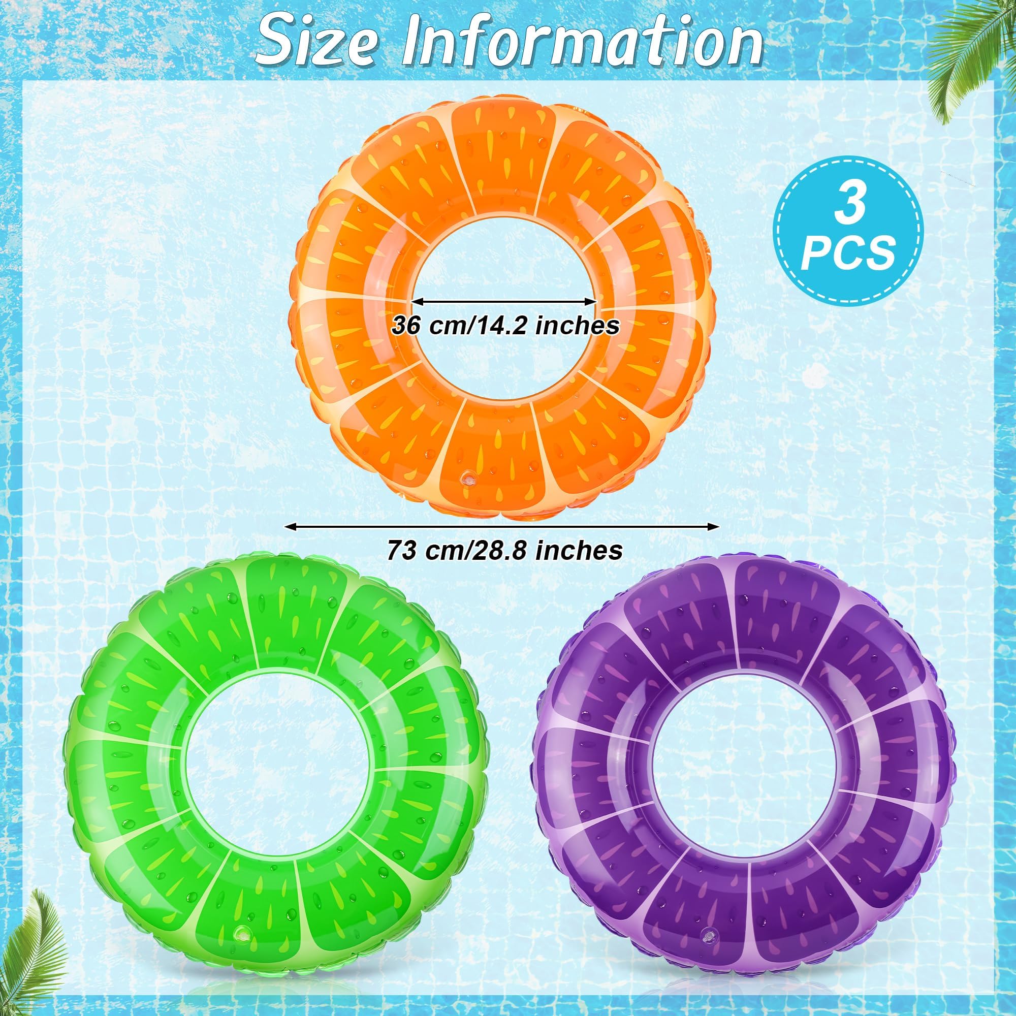 Elcoho 3-Pack Fruit-Themed Swim Rings with Orange/Grape/Lemon Designs Inflatable Pool Floats for Summer Outdoor Beach Party