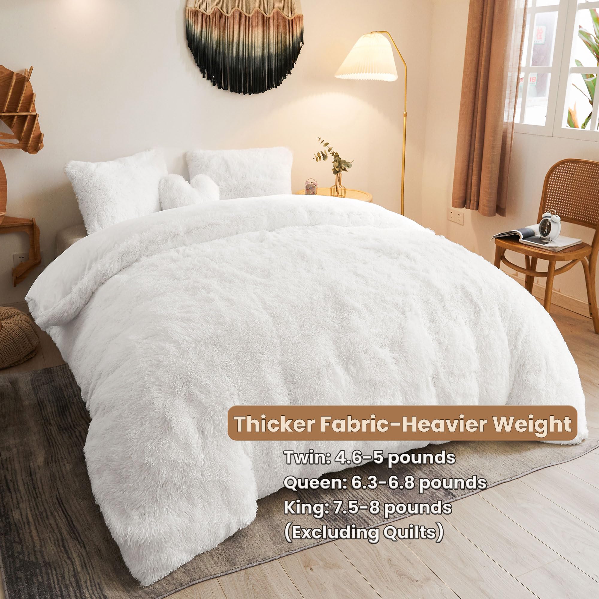 MEGO Luxury Shaggy Plush Duvet Cover Set, Soft 3 Pieces Fluffy Faux Fur Comforter Cover Set, Fuzzy Velvet Bedding Set Queen Size(1 Furry Duvet Cover + 2 Pillow Cases), Zipper Closure(Queen,White)