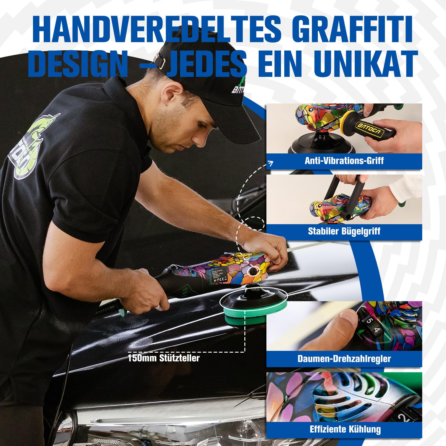 BATOCA P2 Poliermaschine Auto, 1000W Hohes Drehmoment - 150mm Profi Rotationspolierer für Tiefe Lackkorrektur - Vibrationsarm & 5m Abnehmbares Kabel, 6 Stufen 1000-3800 U/min - Boot, Wohnmobil