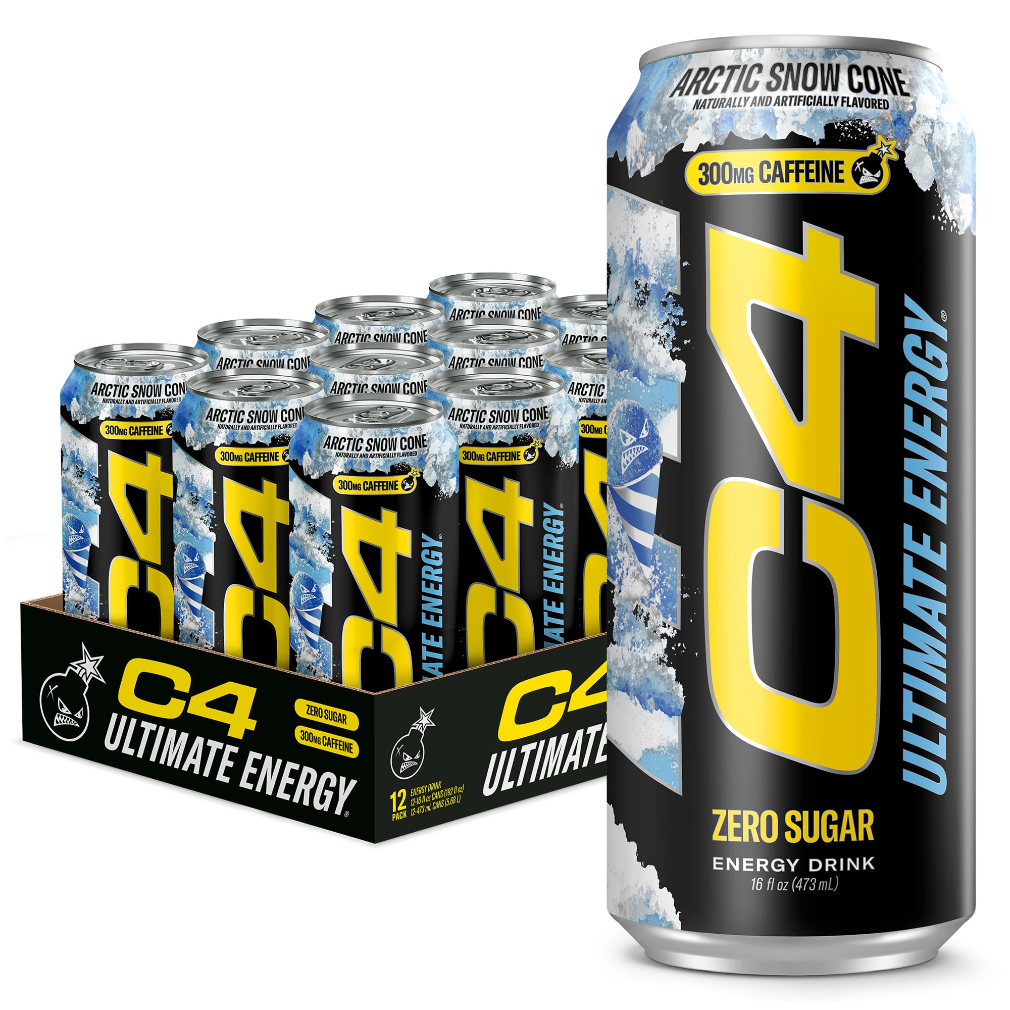 C4 Bebida energética com cafeína 300 mg, sabor Arctic Snow Cone, 12 latas de 473 mL