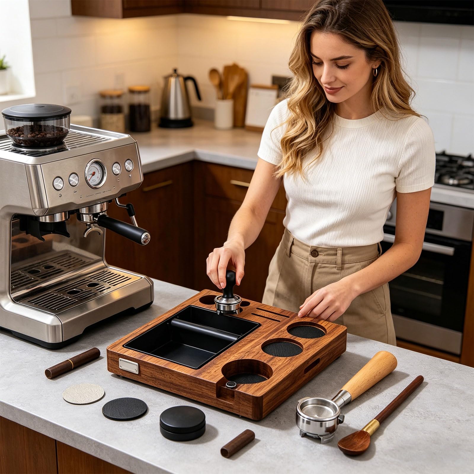 Stilvolle Pekannus-Kaffeestation, um Ihre Brühausrüstung organisiert zu halten, eleganter Kaffeezubehör-Ständer aus starkem Pekannuss für Essdekoration, natürlicher Halter mit funkelnder Oberfläche