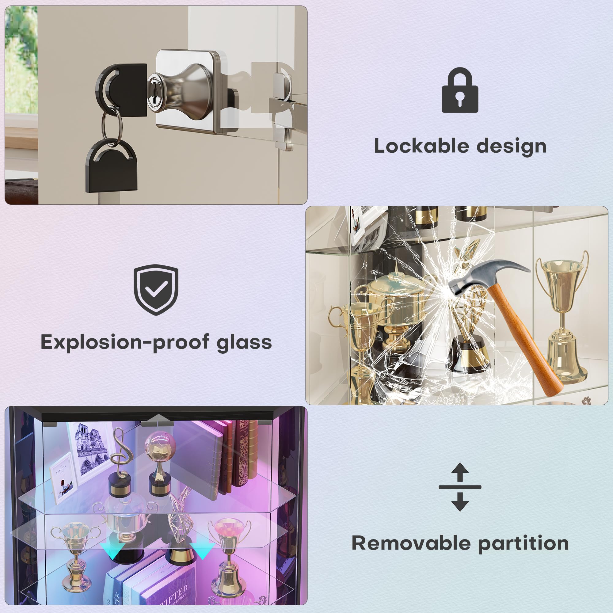 Eckvitrine – mit RGB Beleuchtung,5-Lagen Glasvitrine Vitrine mit Intelligente Sensorik,175 cm Höhe Vitrinenschrank Bücherregal Sammlervitrine Und Wohnzimmer Vitrine -Schlafzimmer Schwarz