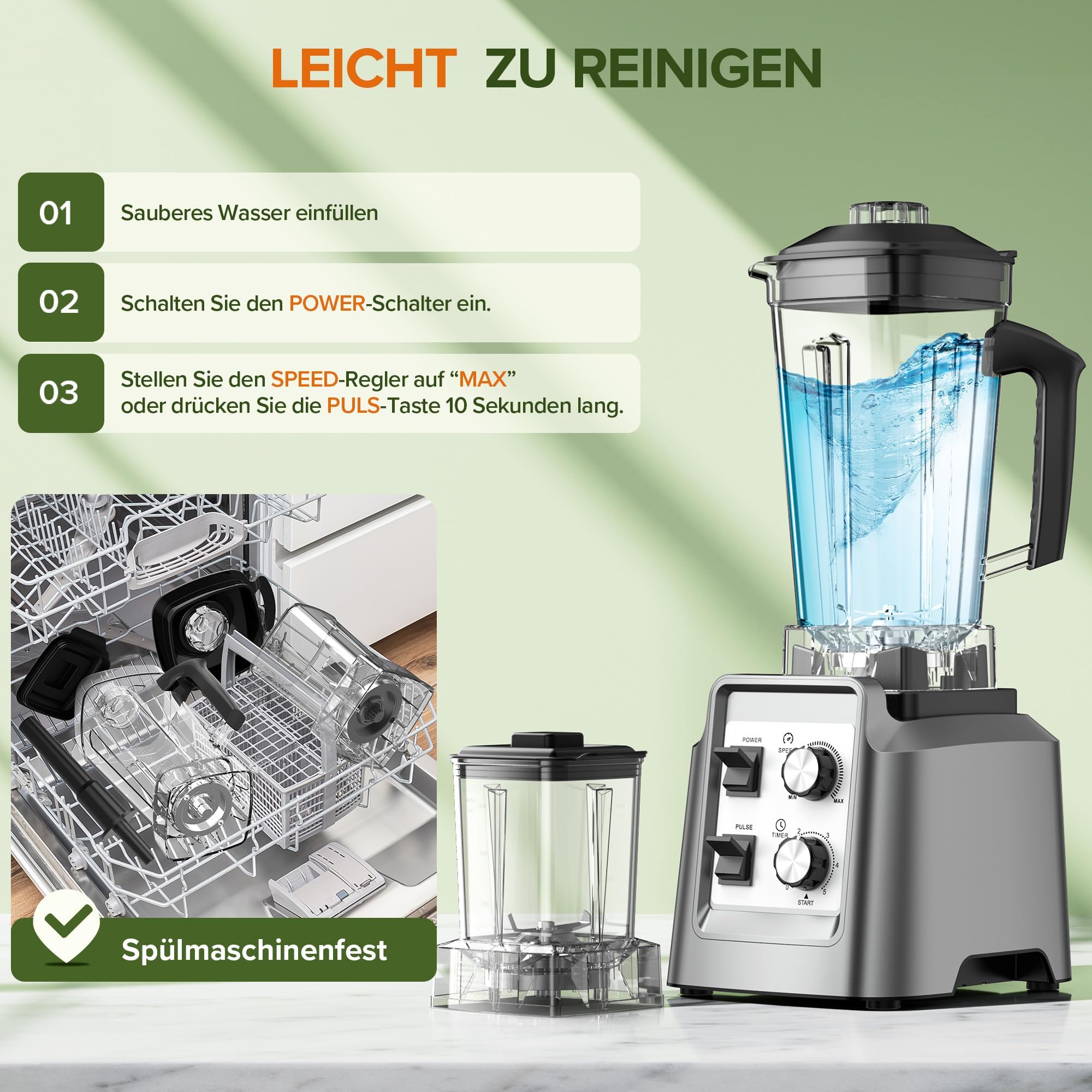Teendow Standmixer, 1800W Smoothie Maker, Tischmixer mit 2,0-Liter-Behälter+ 600-ml-Kaffeemühle, Geeignet zum Zerkleinern von Eis und Gefrorenen Früchten, BPA-frei (Silber)