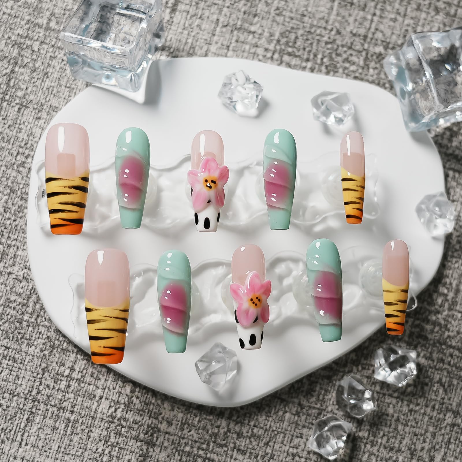 Handmade Press on Nails Long Coffin Muti-Layer Gel Fake Nails - 3D Lotus Flowers & Tiger Print, French Tip Glossy Thick Acrylic Nails (Playful Zebra with Lotus,S): S Cute Snowman