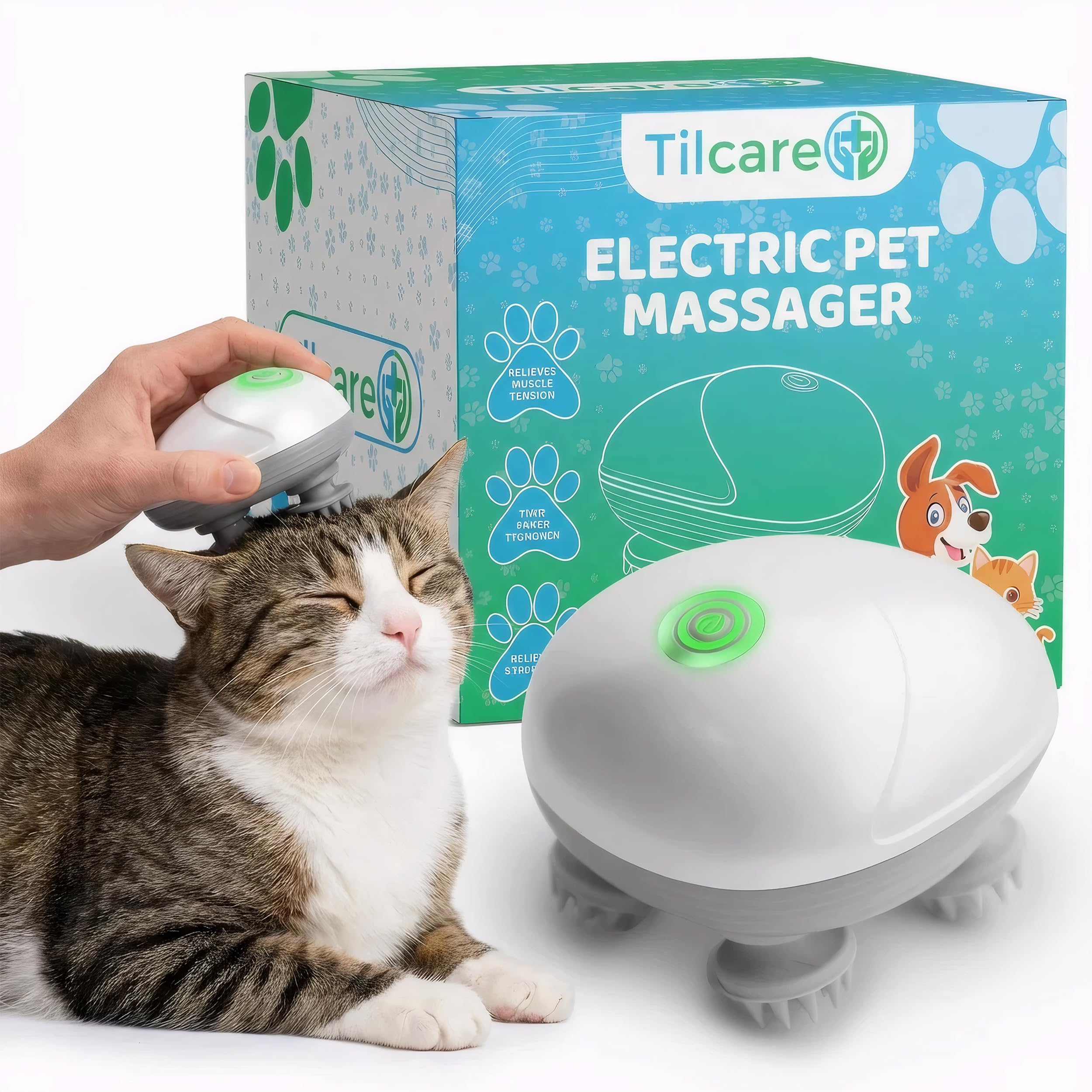 Tilcare Handheld Pet Massager for Dogs and Cats Electric Cat and Dog Massage Tool - Head and Back Scratcher for Relieving Tension, Tight Muscles and Stiffness with Four Rotating Massage Heads