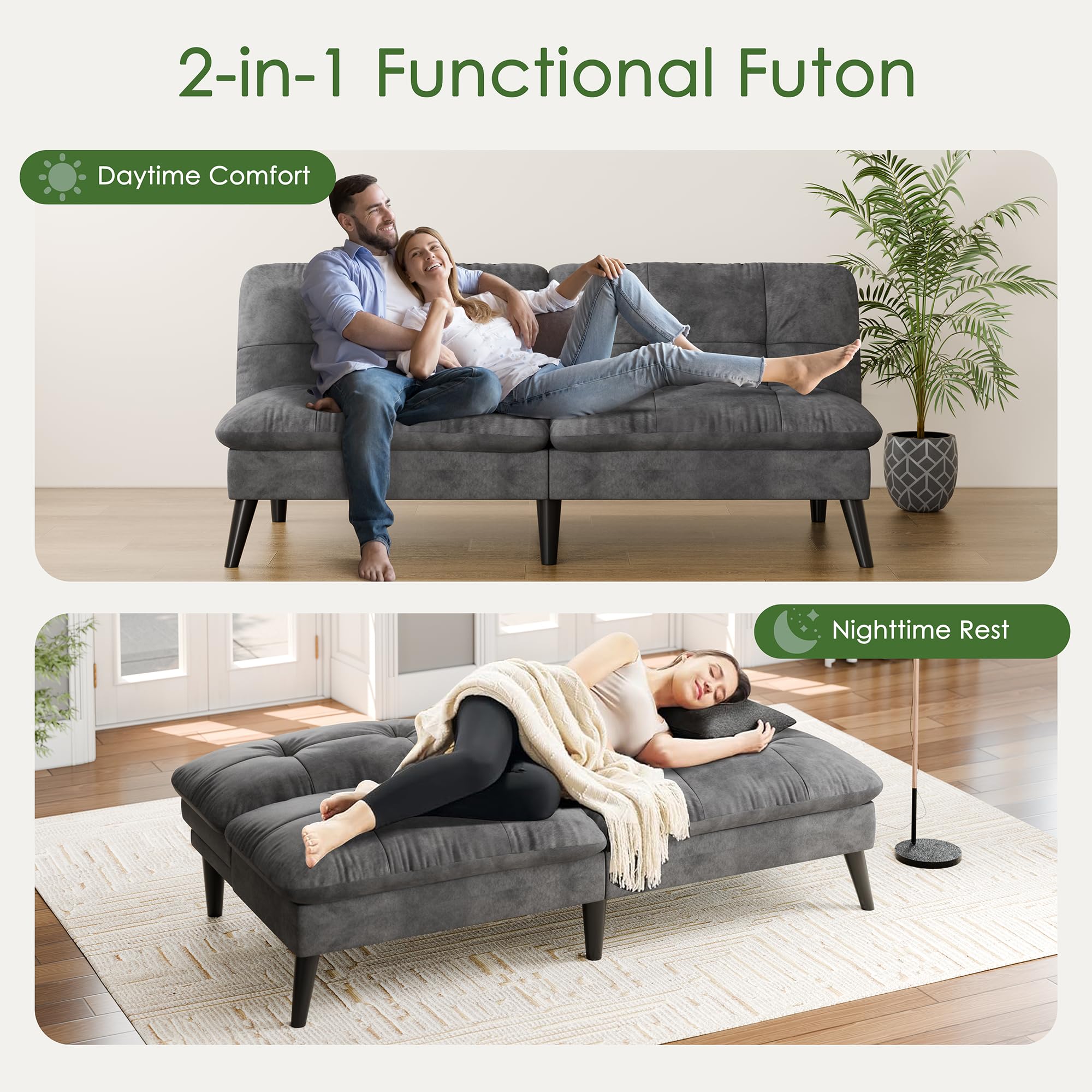 Vongrasig Futon Sofa Bed Velvet Futon Couch with Adjustable Backrest, Small Convertible Folding Sleeper Sofa Bed, Modern Loveseat for Living Room, Bedroom and Small Space, (Gray)