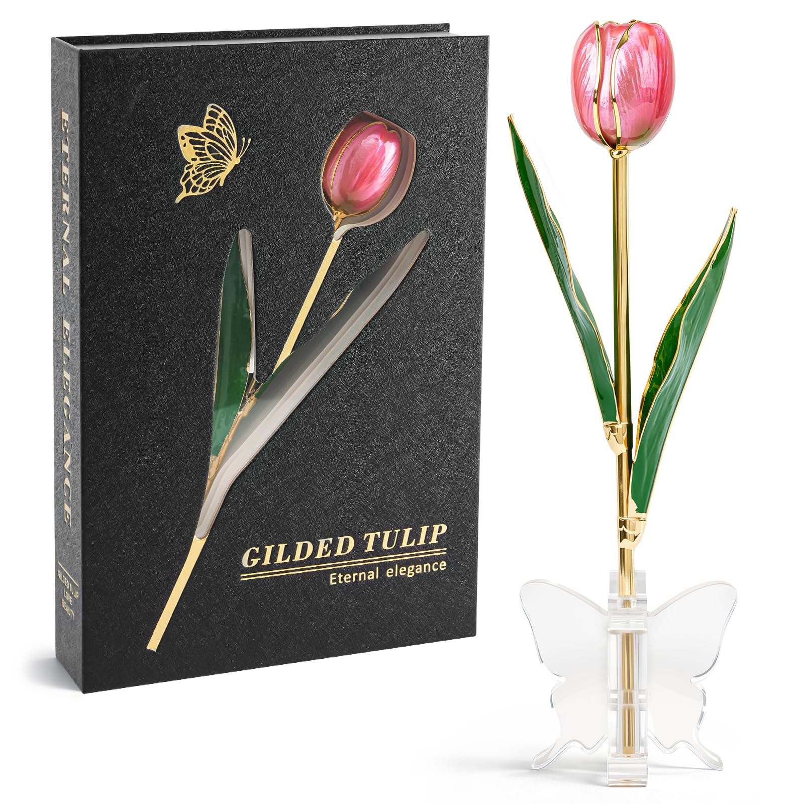Mikasol Real 24K Gold Dipped Tulip – Sweet Blush Pink, Elegant Book-Style Gift Box & Butterfly Stand, Romantic Forever Flower Gift for Wife, Girlfriend, Mom, Birthday, Valentine’s Day