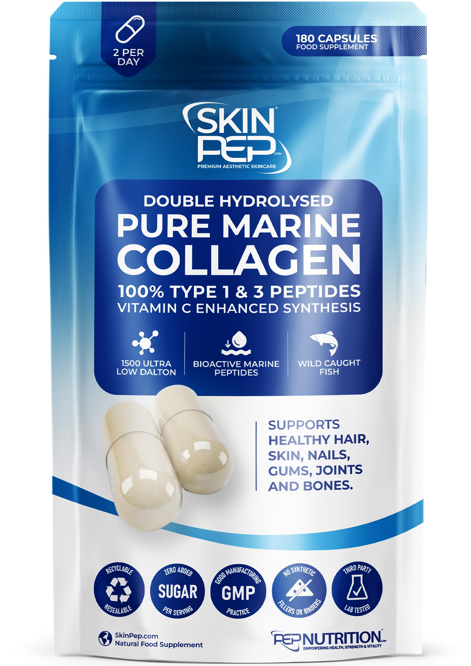 100% Pure Marine Collagen (180 Capsules) - 1270mg (Not Collagen Powder) - 3 Months Supply - Collagen Supplements for Women & Men Premium Double Hydrolysed Triple Filtered Type 1&3 Peptides by SkinPep
