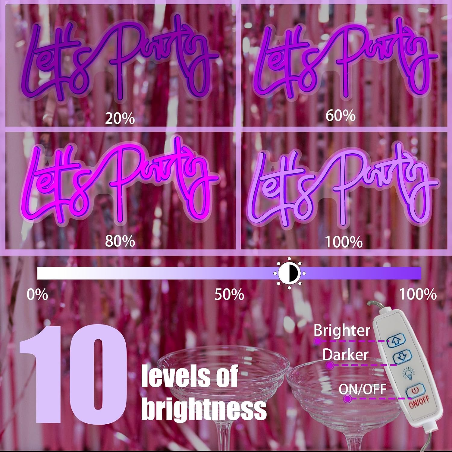 Let's Party Neon Sign,Adjustable LED Neon Lights powered by USB,Wall Decor Art Decorative Lights for Birthday Party,Wedding Party,Prom(Pink)