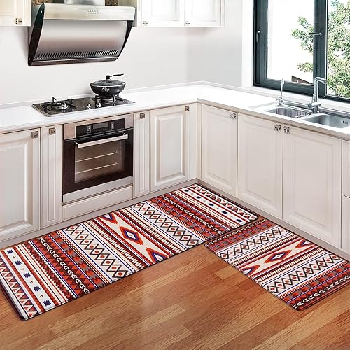 Miniatura 2 de ASPMIZ Tapete de cocina de granja, 2 piezas, acolchado, antifatiga, geométrico, antideslizante, marroquí, bohemio, impermeable, tapete cómodo para