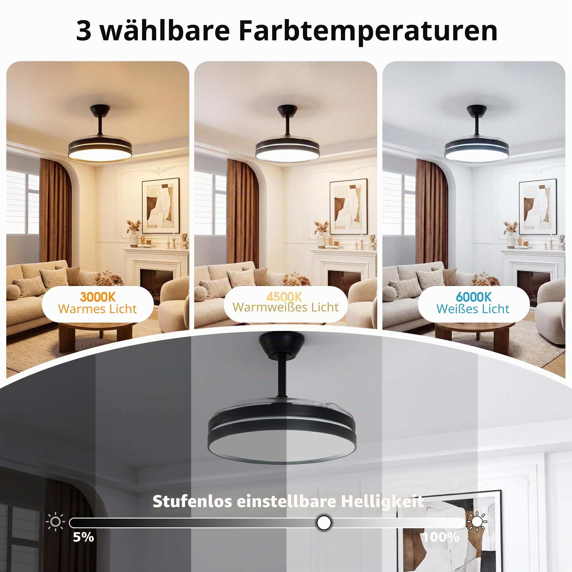NIORSUN Deckenleuchte mit Ventilator, Deckenventilator mit Beleuchtung, App und Fernbedienung,Schwarz