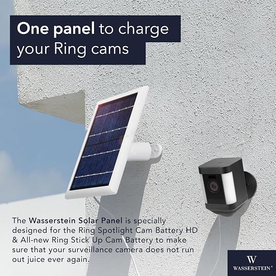 Wasserstein Solar Panel Compatible with Ring Spotlight Cam/Plus/Pro Battery, Stick Up Cam/Pro & Outdoor Cam Plus Battery - Continuous Power for Ring Surveillance Camera (2-Pack, White)
